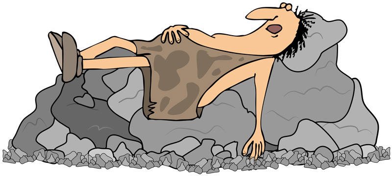 Caveman sleeping on rock